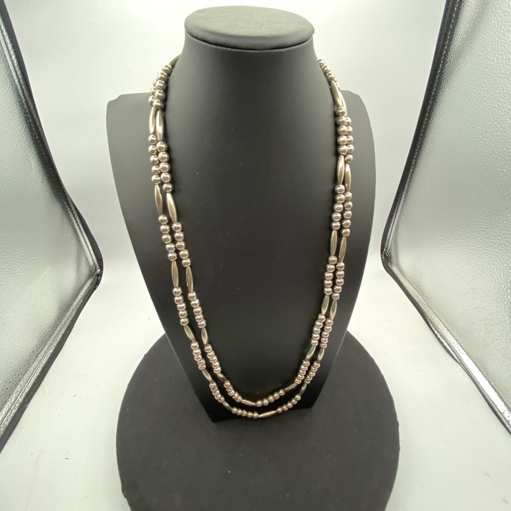 Vintage Southwestern Style Silver Tone Double Strand Bench Bead Necklace 30in